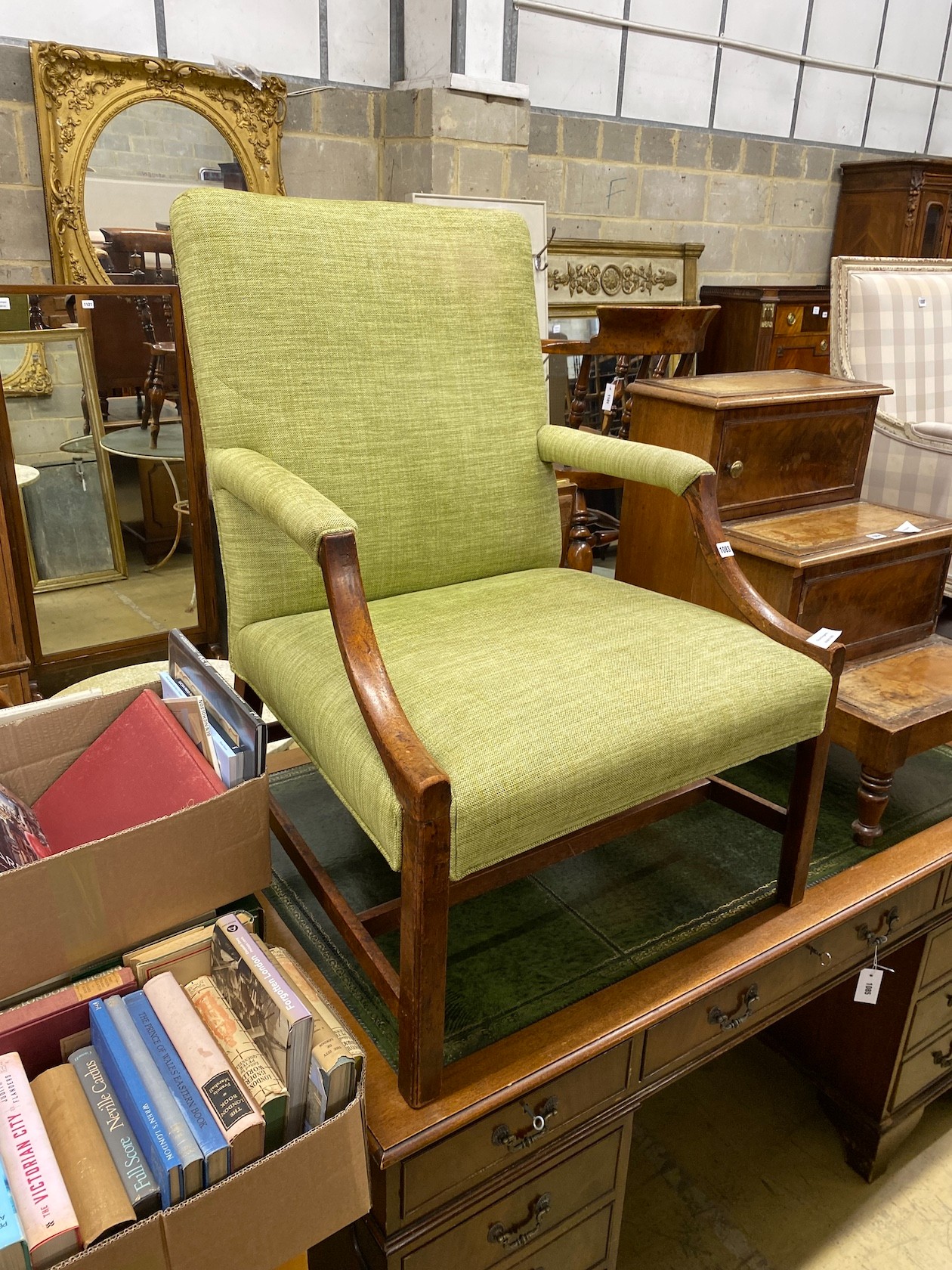 A George III Gainsborough type mahogany open armchair, width 66cm, depth 66cm, height 98cm